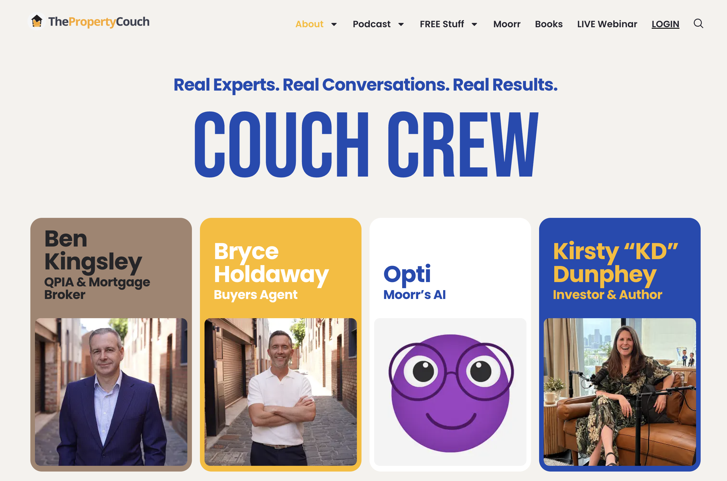 The Property Couch Couch Crew page featuring Kirsty 'KD' Dunphey as Investor & Author