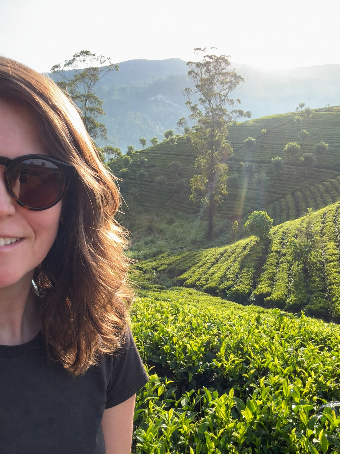 Kirsty Dunphey at a sunlit tea plantation with rolling hills of tea bushes in Sri Lanka